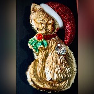 Vintage Christmas Cat with Sparkling Santa Hat & Rhinestones Brooch Holiday Pin